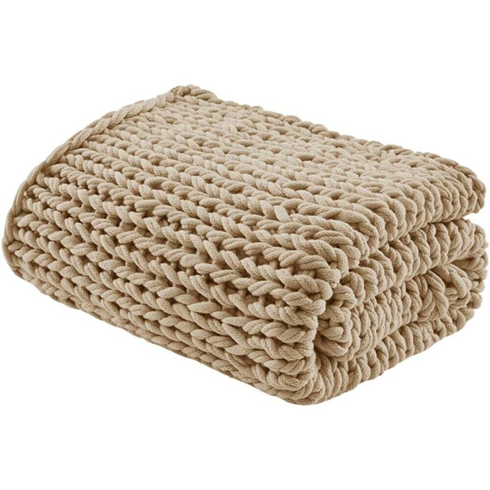 Madison Park Blanket Throw Beige 50" x 60" Acrylic Chunky-Knit Cottage BED17